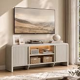 ModernMate 62" Fluted TV Stand with LED Light for TV up to 70", White Alder | Modern Television Console Storage Cabinet with Adjustable Open Shelf and 2 Storage Cabinets for Living Room, Bedroom