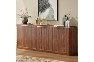 Evermagin 67" Fluted Walnut Buffet Cabinet Sideboard with Storage, Large Credenza with 6 Doors, Wood Mid Century Modern Sideboard for Kitchen and Living Room (67" W*31.5" H*15.7" D)