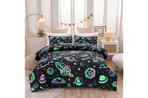 Aimuan Space Bedding Twin Bed Comforter Kids Rocket Bedding Set Super Soft & Cute Aliens UFO Printed for Boys Girls Teen (Black, Twin)