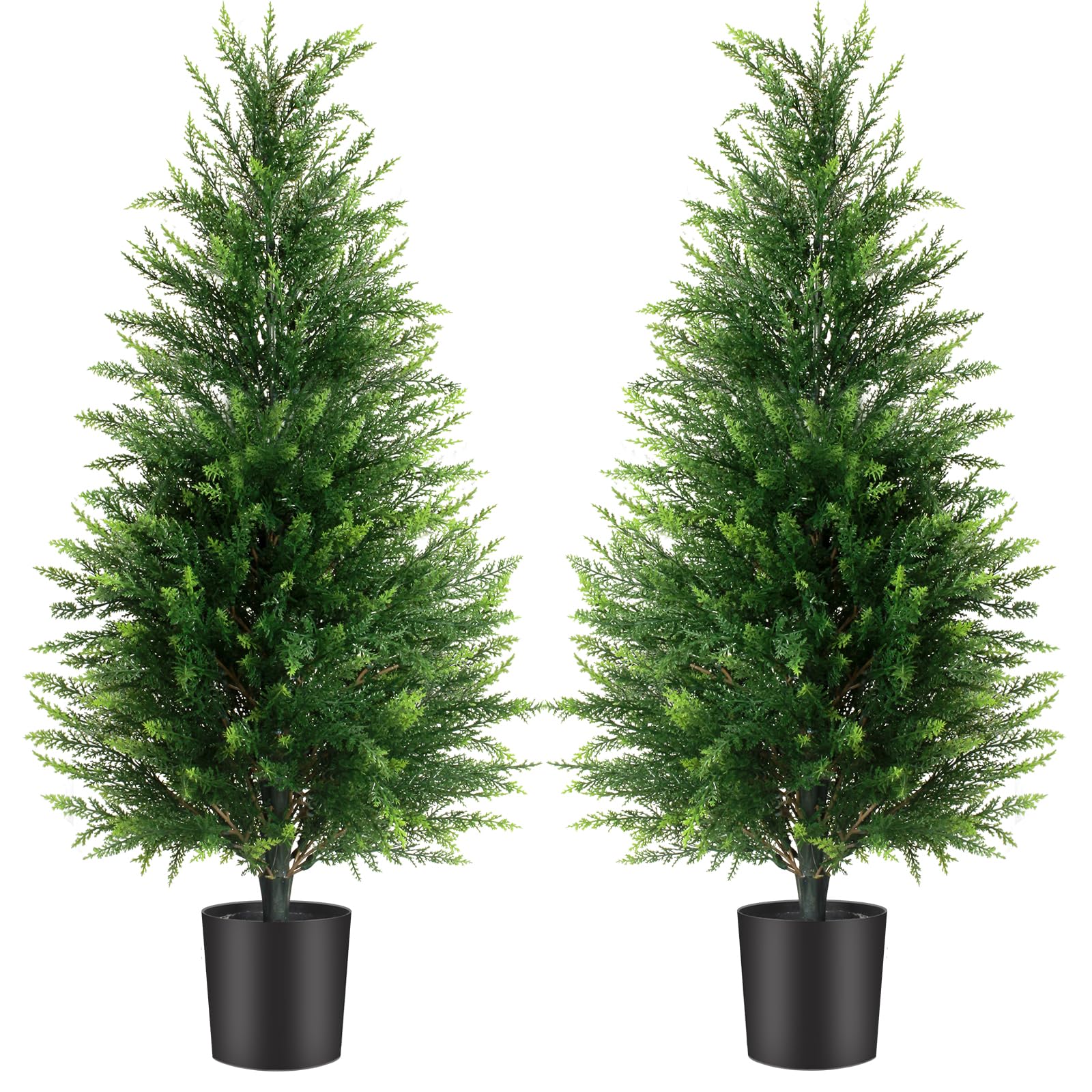 Photo 1 of ***(PARTIAL SET/ ONLY 1 TREE)***3FT Artificial Cedar Trees 2 Pack, UV Protected Fake Outdoor Evergreen Topiary Potted Plants, Lifelike Artificial Cypress Shrubs for Porch Patio Garden Home Office Decor