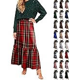 Plaid Skirts for Women Midi Length Vintage Maxi Christmas Plaid Skirt Xmas Elastic Waist Tartan Long Holiday Skirts