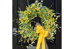 Summer Wreaths for Front Door 24 inch, Soomeir Summer Door Wreath with Daisy and Burlap Bow, Green Outdoor Decor for All Season Home Porch Window Farmhouse Decorations