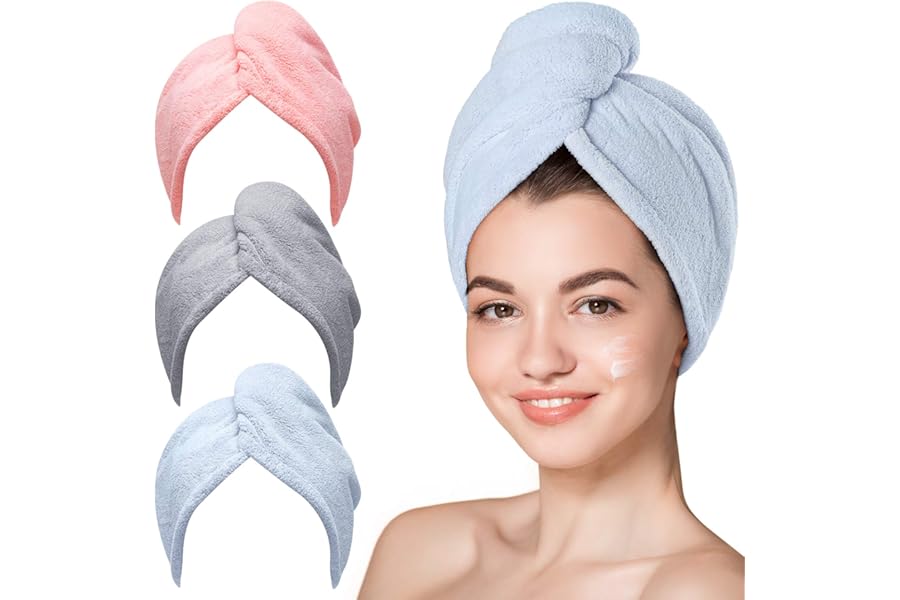 Hicober Microfiber Hair Towel,Turbans for Drying Wet Hair, Anti Frizz Hair Wrap Towels for Curly Hair Women (Blue,Grey,Pink) , 3 packs