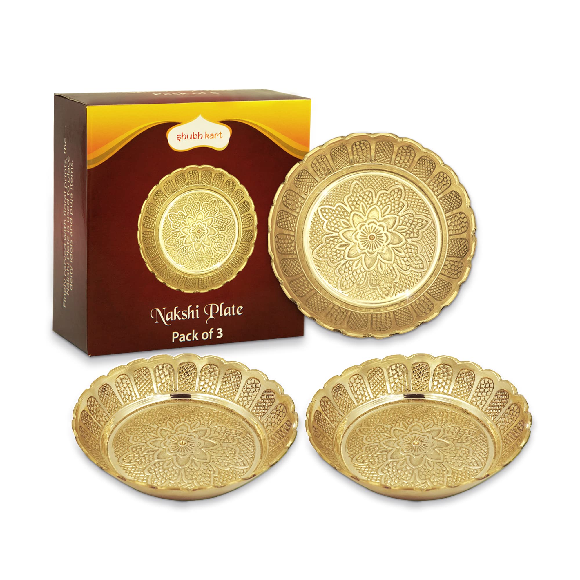 Shubhkart Solid Brass Decorative Nakshi Plate Set, Ideal for Puja, Home Decor, Diwali and Festive Gifting, Large 11 cm, Pack of 3 (Pattern May Vary)