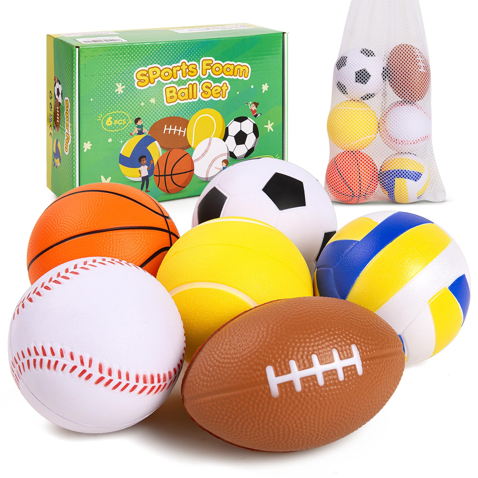 PlayZap 6 Pack Balls for Toddlers Kids, Foam Soft Balls Set, 3.5" Small Soccer Basketball Baseball Football Volleyball Tennis, Indoor Outdoor Sports Toys Gifts for Boys Girls
