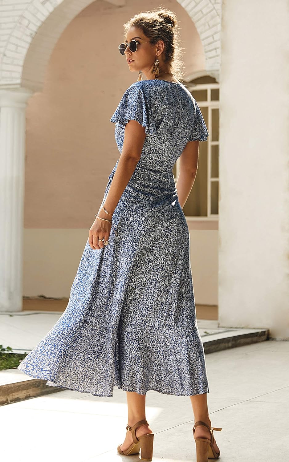 ECOWISH Women's Dresses Bohemian Wrap V Neck Short Sleeve Ethnic Style High Split Beach Maxi Dress at  Women’s Clothing store