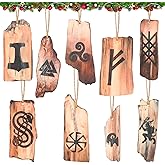 Threehoney 9 Pcs Viking Rune Yule Ornaments Pagan Wooden Christmas Tree Hanging Decorations Natural Wood Retro Ornaments for Xmas Party Decor