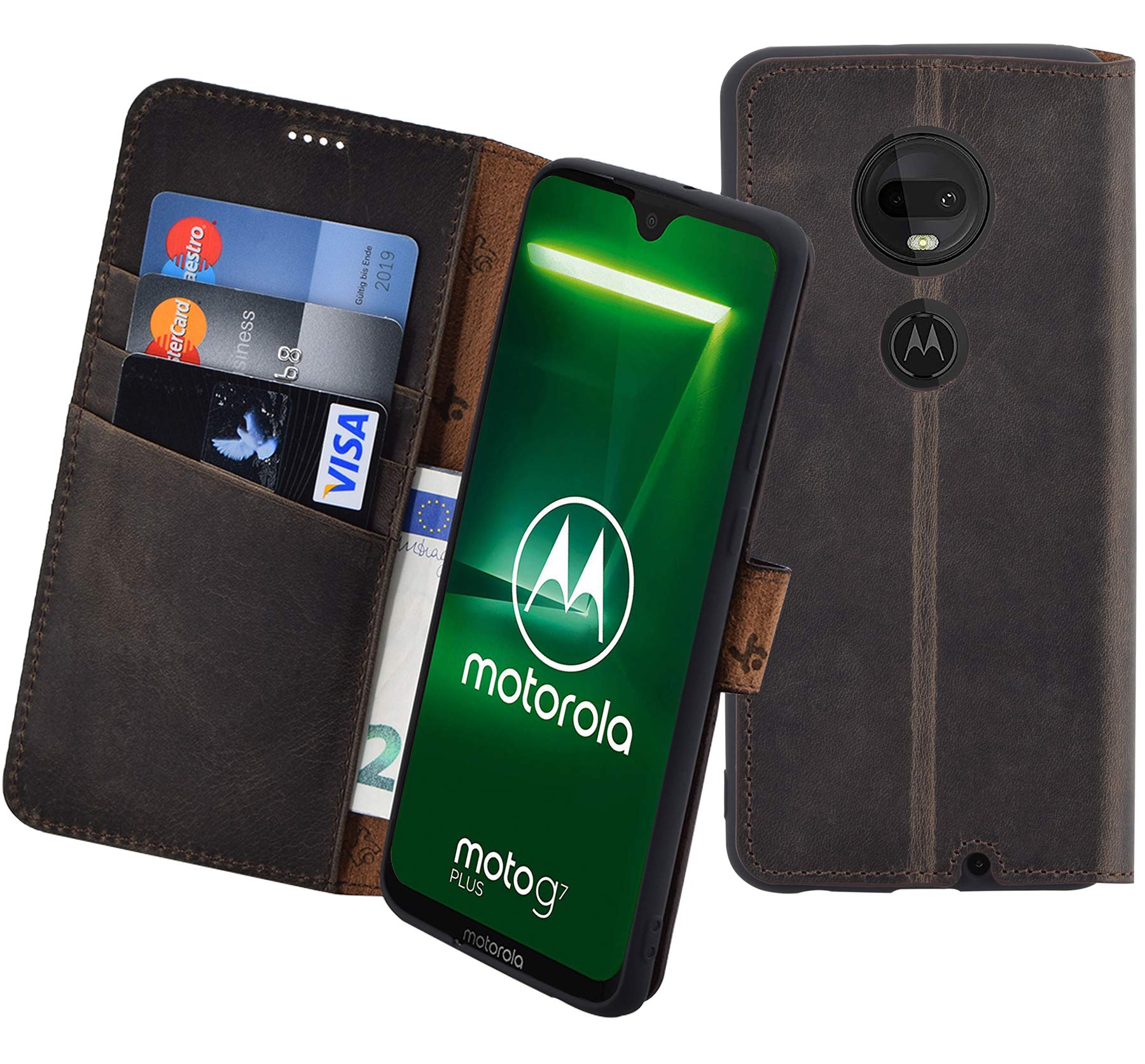 Suncase Book-Style compatible with Motorola Moto G7 Plus case (Slim-Fit) leather case mobile phone case protective case (with stand function and card compartment - shatter-proof inner shell) in antiq