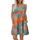 WIHOLL Floral Dresses for Women 2025 Summer Dresses Mini Sundresses Cruise Outfits Swing Tank Casual Dress with Pockets Floral Coconut Leaves L