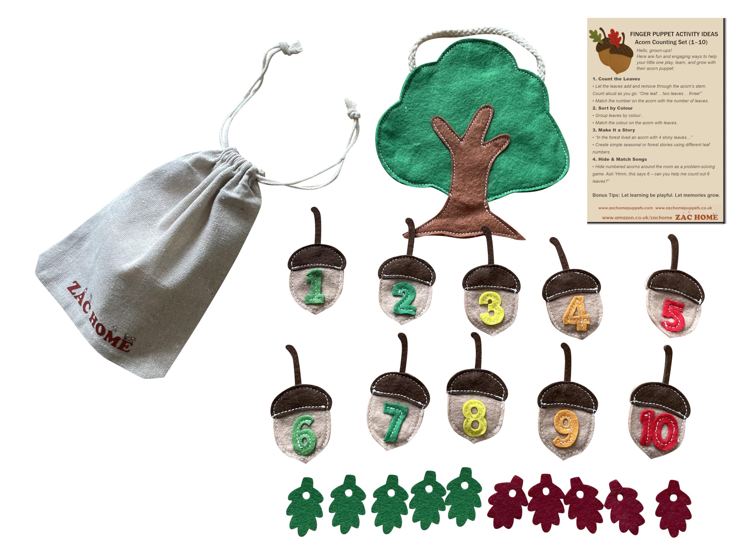 ZAC HOME Autumn Acorn Number Learning Set, 1-10 Felt Acorn Finger Puppets with Tree Storage Bag, Educational Counting Toy for Ages 3+