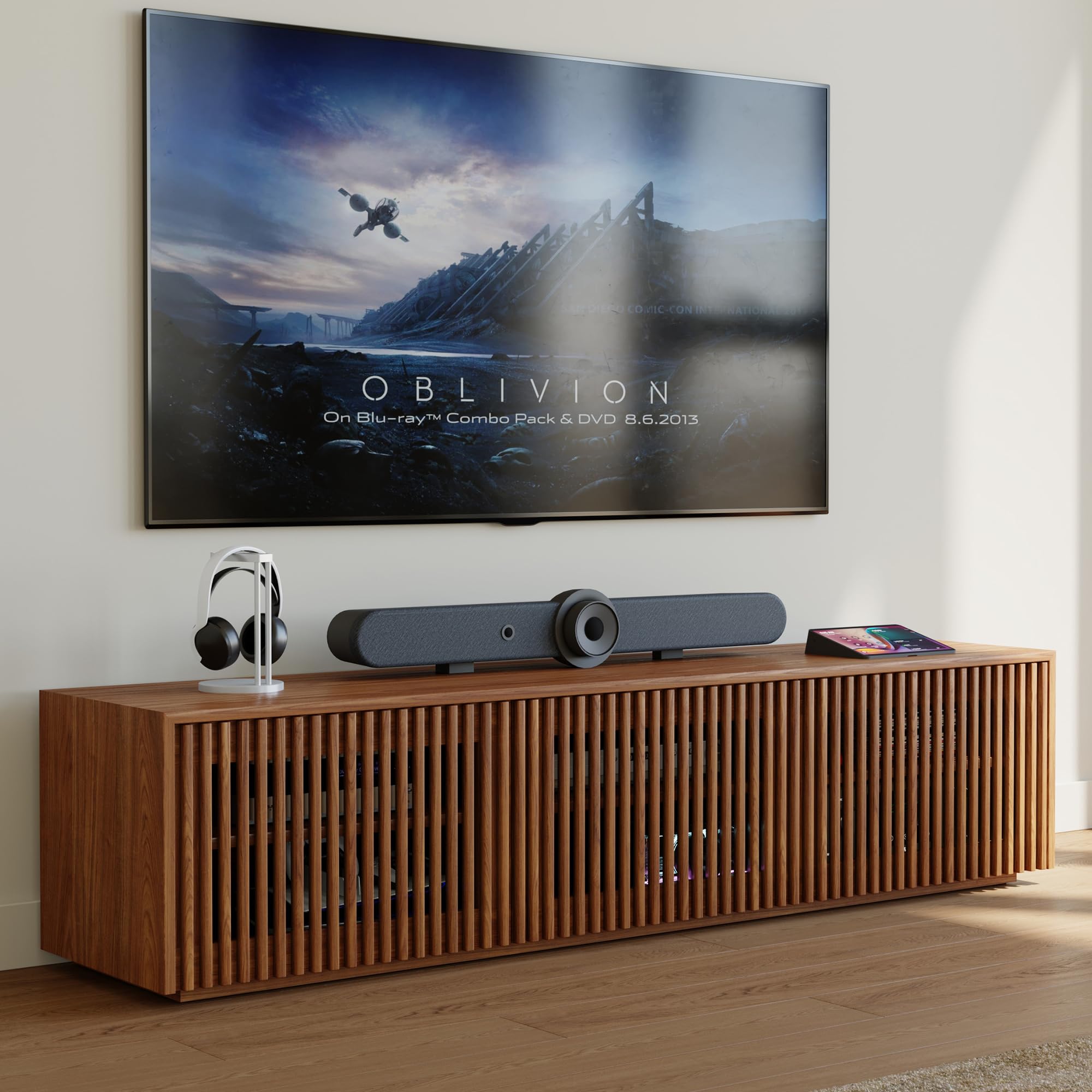 Photo 1 of **FOR PARTS ONLY**POVISON Full Assembled Mid Century Modern TV Stand, Wood Slatted Media Console for 65 inch TV, Entertainment Center with Storage for Living Room, Low Cabinet with Removable Shelves