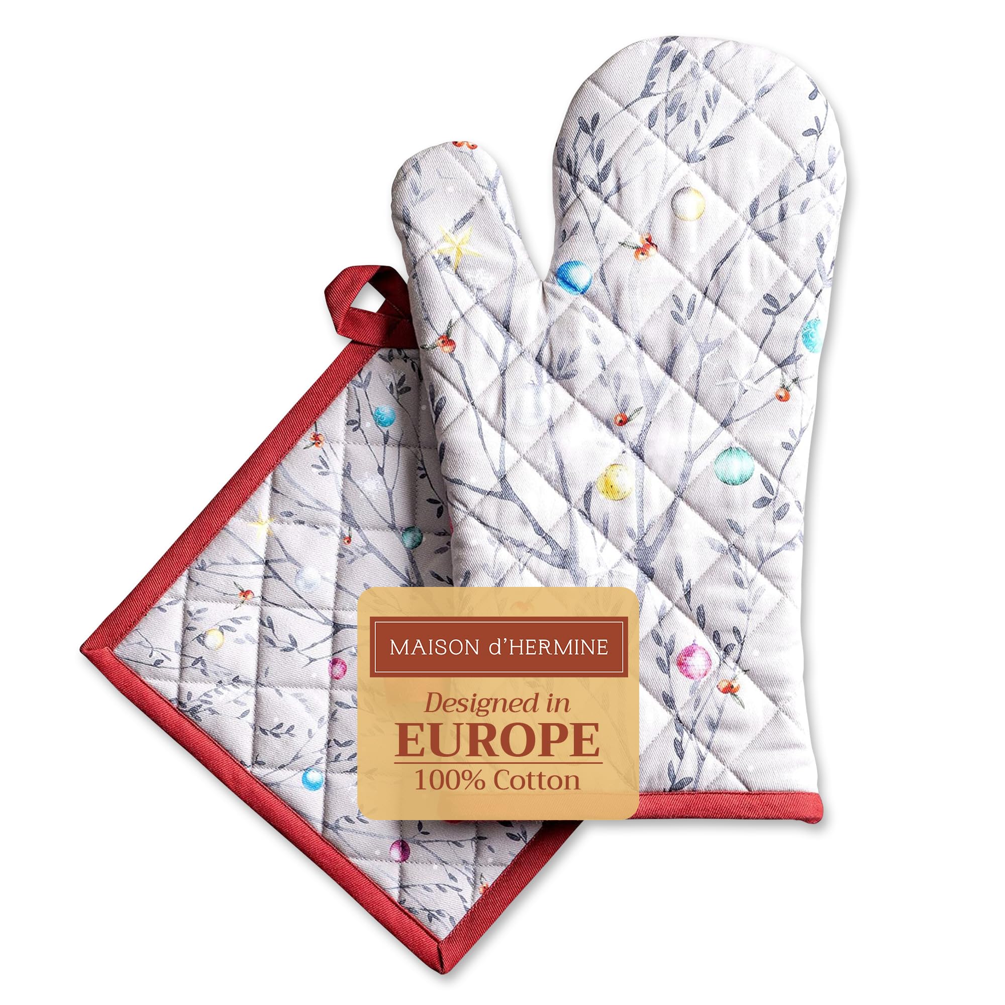 Maison d' Hermine 100% Cotton Oven Mitt & Pot Holder Set (19 x 33 cm & 20 x 20 cm) Heat Resistant BBQ Cooking Gloves with Loop for Christmas Decorations Baking Handling Hot Pans (Fairy Christmas)