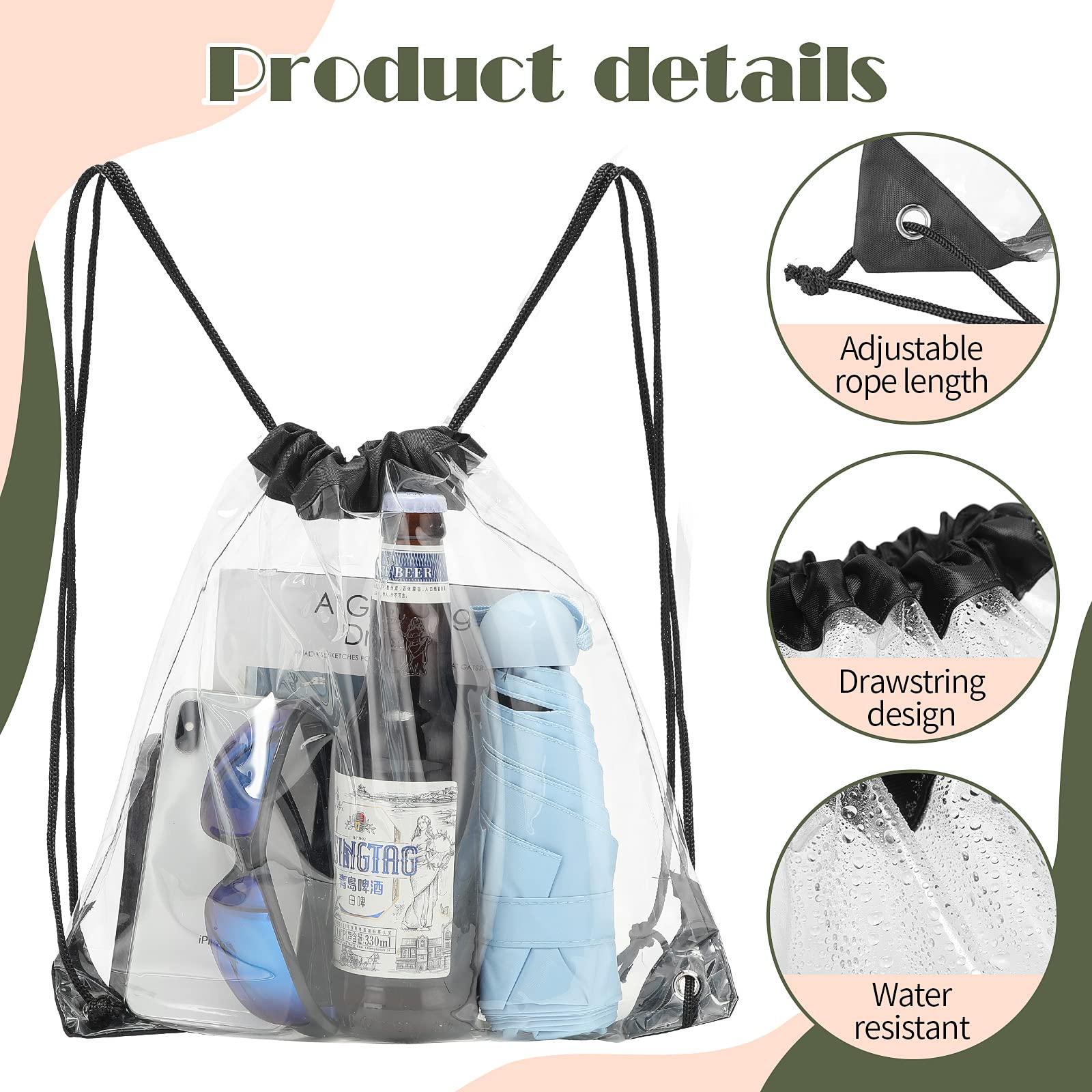 Shappy 30 Pieces Clear Drawstring Backpack, Plastic Waterproof Transparent Stadium Bags String Bag for Gym Travel(Black)