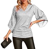 Womens Sequin Top 3/4 Sleeve Sparkly Shirt Glitter V-Neck Dressy Blouse for Evening Party Night