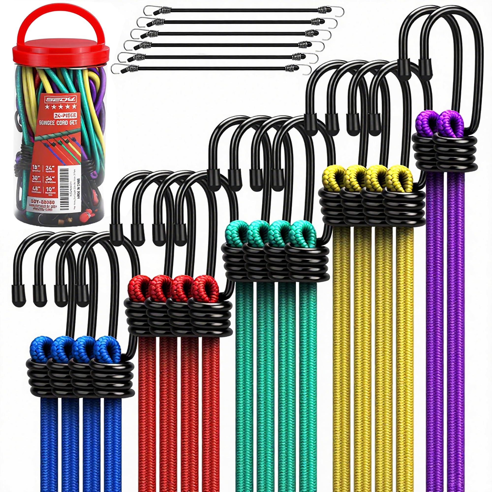 Photo 1 of 24-Piece Premium Bungee Cords Heavy Duty Outdoor, Bungee Cords with Hooks in a Storage Jar Includes 10", 18", 24", 30", 36", 48" Bungie Cord Bundle Assortment for Camping, Tent, Fastening Items