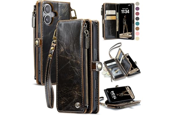 Defencase for iPhone 16 Wallet Case with RFID Blocking Card Holder, Coffee | Durable Soft PU Leather, with Zipper Pocket, Wri