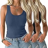 Velvelhall 3 Pack Womens Ribbed Knit Tank Tops Scoop Neck Cotton Racerback Sleeveless Shirts Slim Fit Summer Basic Tank Tops