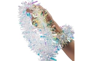 CHOONSHOW 26.2 Ft Tinsel Garland Decoration for Holiday Tree Walll Home Office Event, Christmas, Birthday, Weddings, Party Decorations, Fluffy Twist for All-Season Indoor Outdoor Events - Iridescent White