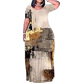 Plus Size Dress for Women Casual Crew Neck Short Sleeve Maxi Dress Oversized Summer Beach Dresses with Pockets