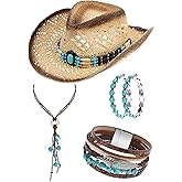 Janmercy 4 Pcs Boho Jewelry Set Straw Cowboy Hat with Vintage Synthetic Turquoise Necklace, Bracelets, Earrings for Women