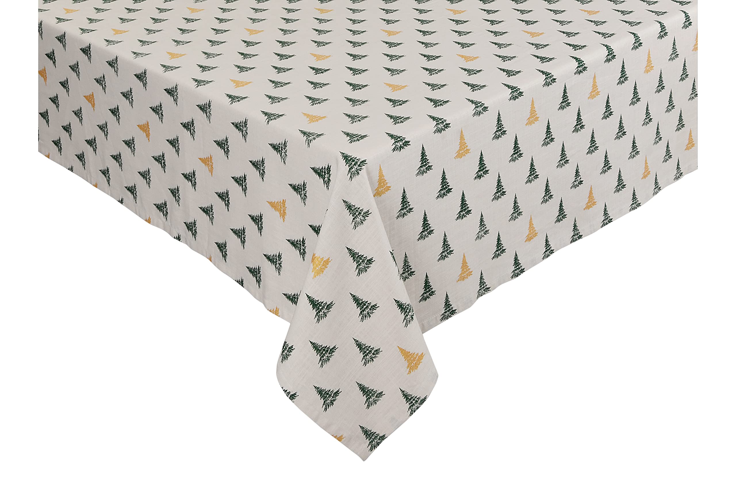 Sleepdown Winter Pine Trees Tablecloth Metallic Detail 100% Cotton Fabric Table Cloth Cover Rectangular - Natural - 152x304cm (60x120in)