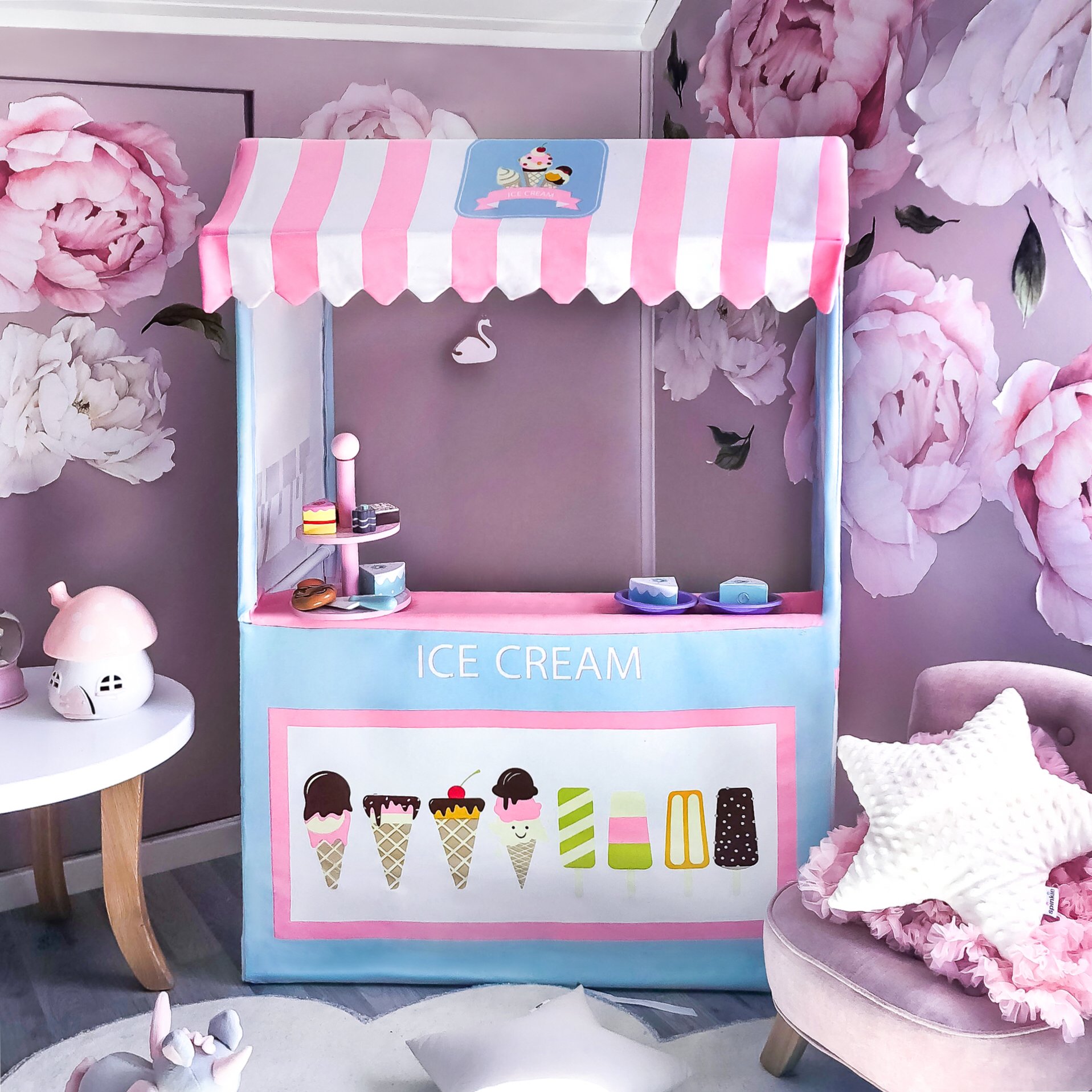 Tiny Land Ice Cream Cart-Indoor Playhouse Plus 2 Play Food-49 Inches Tall- Colorful Kids Business Cart for Child Development and Learning- Children Play Store Indoor & Outdoor