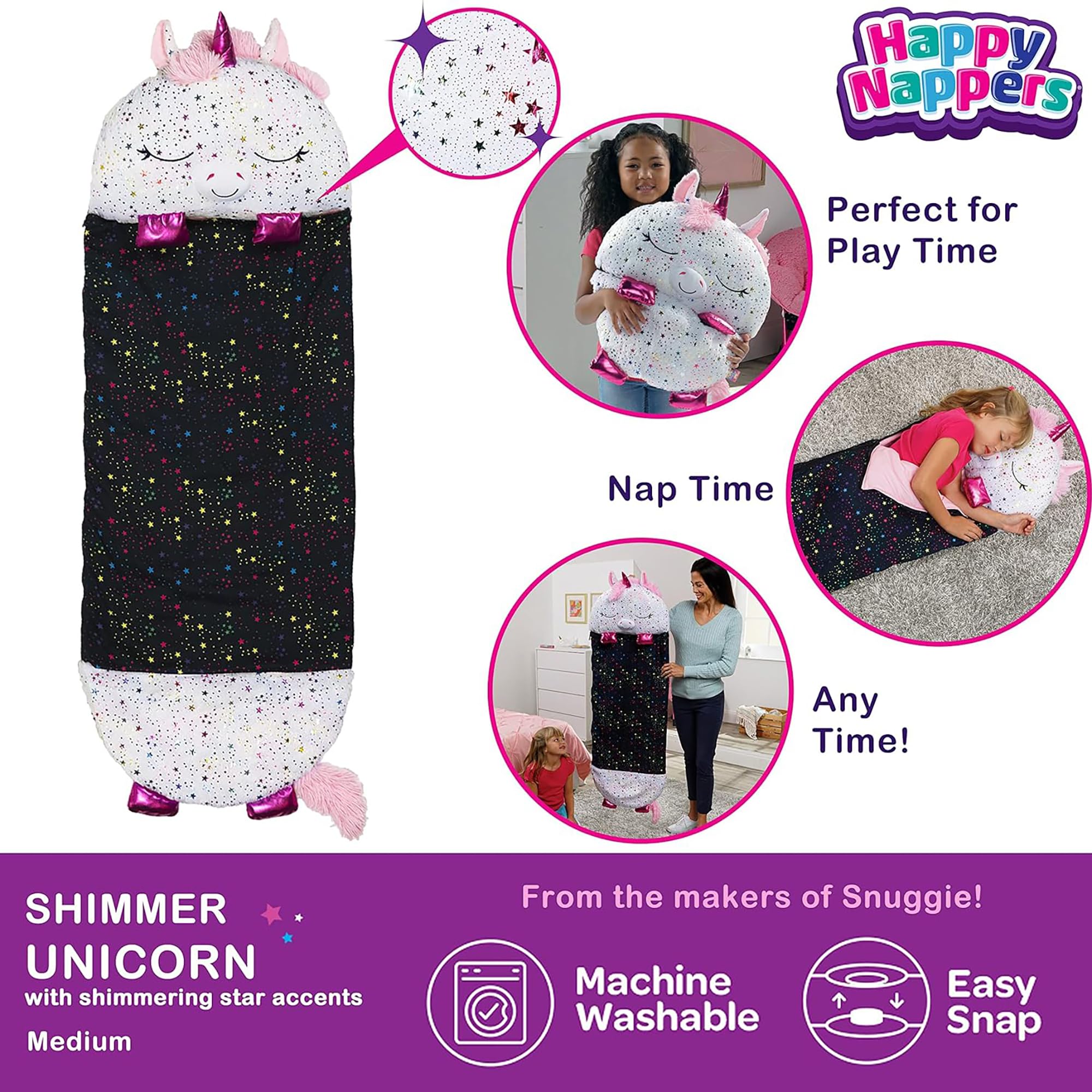 Happy Nappers Pillow & Sleepy Sack- Comfy, Cozy, Compact, Super Soft, Warm, All Season, Sleeping Bag with Pillow- Medium 54” x 20”, Shimmer Unicorn