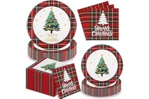 LINHAXM 150 PCS Christmas Plates and Napkins - Xmas Tree Red Plaid Disposable Dinner & Dessert Plates, Napkins for Holiday Merry Christmas Party Decorations, Serves 50