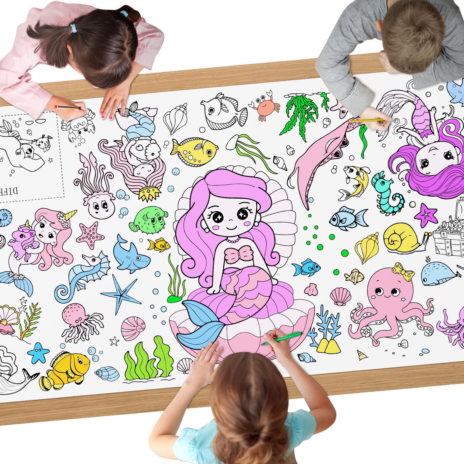 AYESY Mermaid Coloring Tablecloth, 72 x 28 inch DIY Kids Party Tablecloth, Giant Colouring Poster Table Cloth for Kids, Boys Girls Birthday Gift, Craft Doodle Art