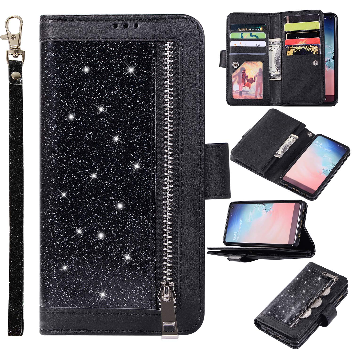 EYZUTAK Wallet Case for Samsung Galaxy S10,Magnetic Handbag Zipper Pocket PU Leather Flip with 9 Card Slots and Wrist Strap Folio TPU Inner Stand Case for Samsung Galaxy S10 - Black