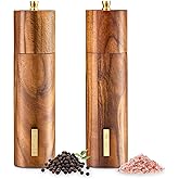 2 Pack Acacia Wooden Salt and Pepper Grinder Set with Gold Label, Premium 8 Inches salt and pepper shakers, Manual Wood Grind