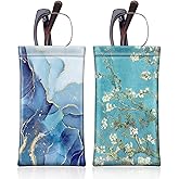 [2 Pack] Fintie Eyeglasses Pouch with Cleaning Cloth, Portable Squeeze Top Leather Glasses Case Sunglasses Bag, Ocean Marble + Blossom