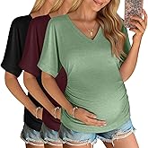 Ficerd 3 Pack Women's Maternity Shirts V Neck Half Sleeve Pregnancy Tunic Tops Side Ruched Mama Clothes Casual Tee Blouse