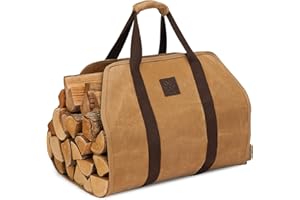WILLOW WEAVE Firewood Carrier Bag, Khaki Color, Water-Resistant, 40" L x 19" W, with Padded Handle, Cross-Stitched Straps, Foldable Design