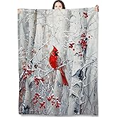 Turamurra Cardinal Bird Throw Blanket Gifts for Adults Kids, Winter Snowy Forest and Red Berries Blankets for Living Room Bedroom Decor, Fuzzy Warm Flannel Plush 50"x60"