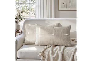 HOMEIDEAS Faux Linen Throw Pillow Covers 20x12 Set of 2, Taupe Plaid Pillow Covers, Rustic Farmhouse Decorative Pillows for C