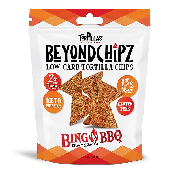 BEYONDCHIPZ KETO TORTILLA CHIPS | LOW CARB PROTEIN CHIPS | 2G NET CARBS & 13G PEA PROTEIN | HEALTHY ALL NATURAL SNACK | GLUTEN FREE | GRAIN FREE – BING BBQ FLAVOR, SINGLE 5.3OZ BAG