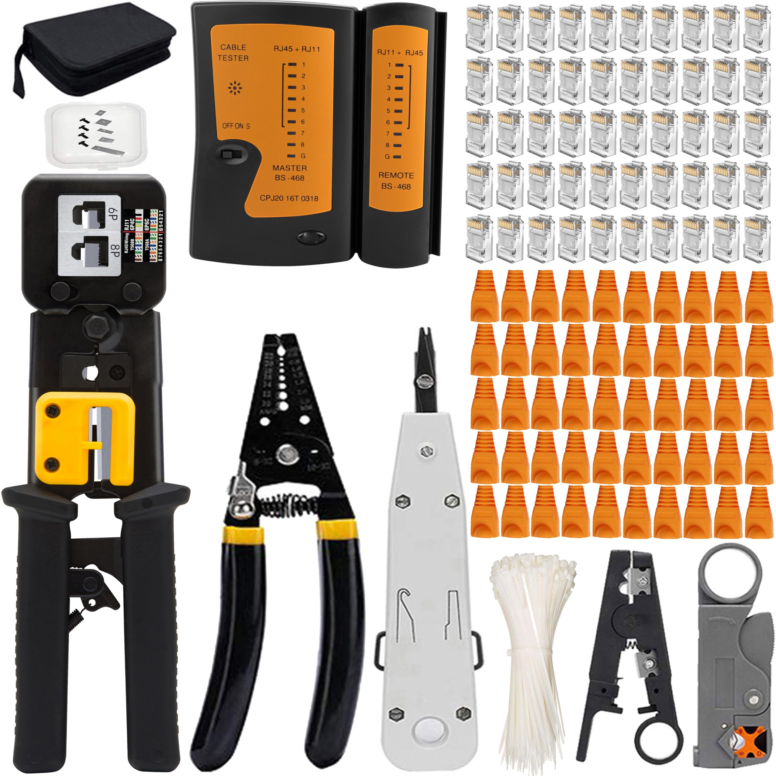 MAYLINE CAT5 CAT6 Computer LAN Cable Tester RJ45 Crimp Tool kit, Network Crimper Crimping Tool, Ethernet Wire Stripping Repair Kit Crimp Punch Down Tool, 50PCS Connector(Black) — image 1