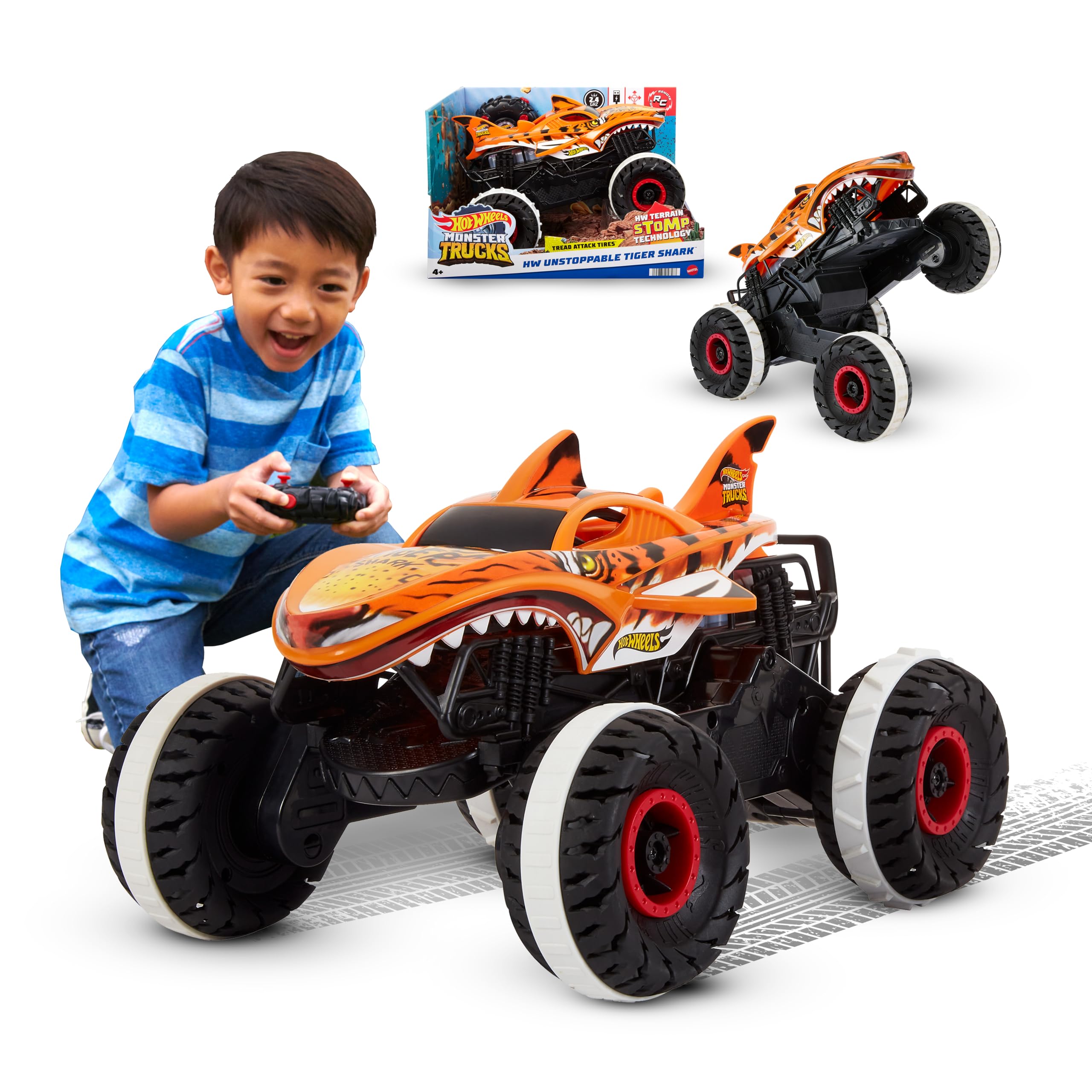 #Hot Wheels Monster Trucks Ferngesteuertes Auto Tiger Shark, mit 'Terrain Stomp' Technologie für tierähnliche Bewegungen, Wheelie ...