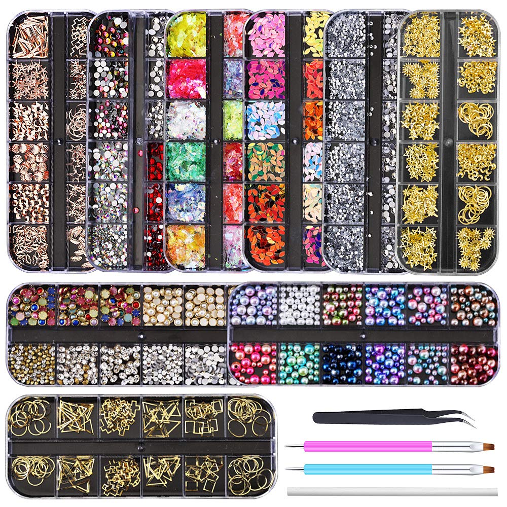 Artdone 9 boxes Nail Rhinestones, Nail Gems Nail Diamonds, Nail Art Studs Nail Crystals Nail Sequins for Nails Kit with 1 Tweezers and 3 Pen for Nail Art Supplies Accessories : Beauty