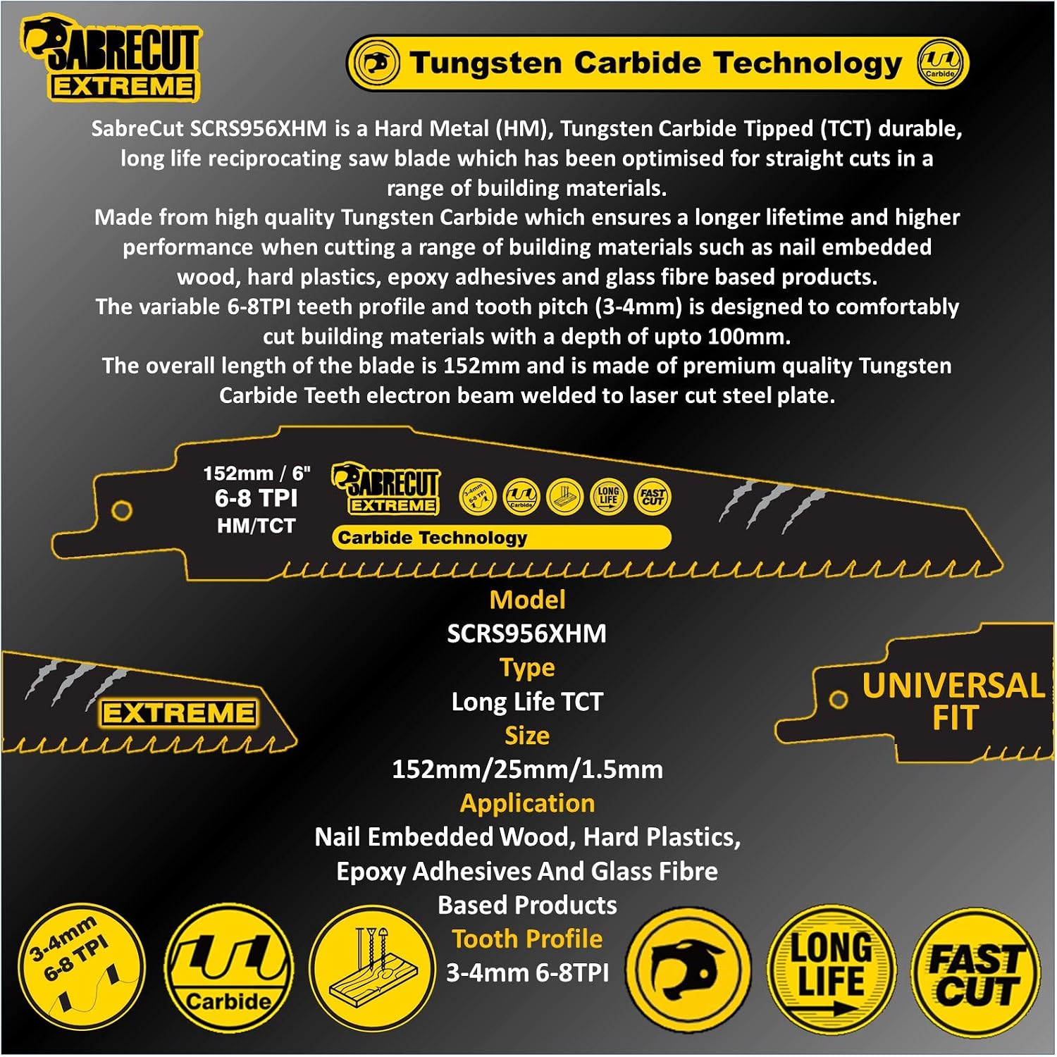 1 x SabreCut SCRS956XHM Tungsten Carbide 152mm Variable 6-8 TPI S956XHM Very Fast Wood and Plastic Cutting Reciprocating Sabre Saw Blade - Image 4