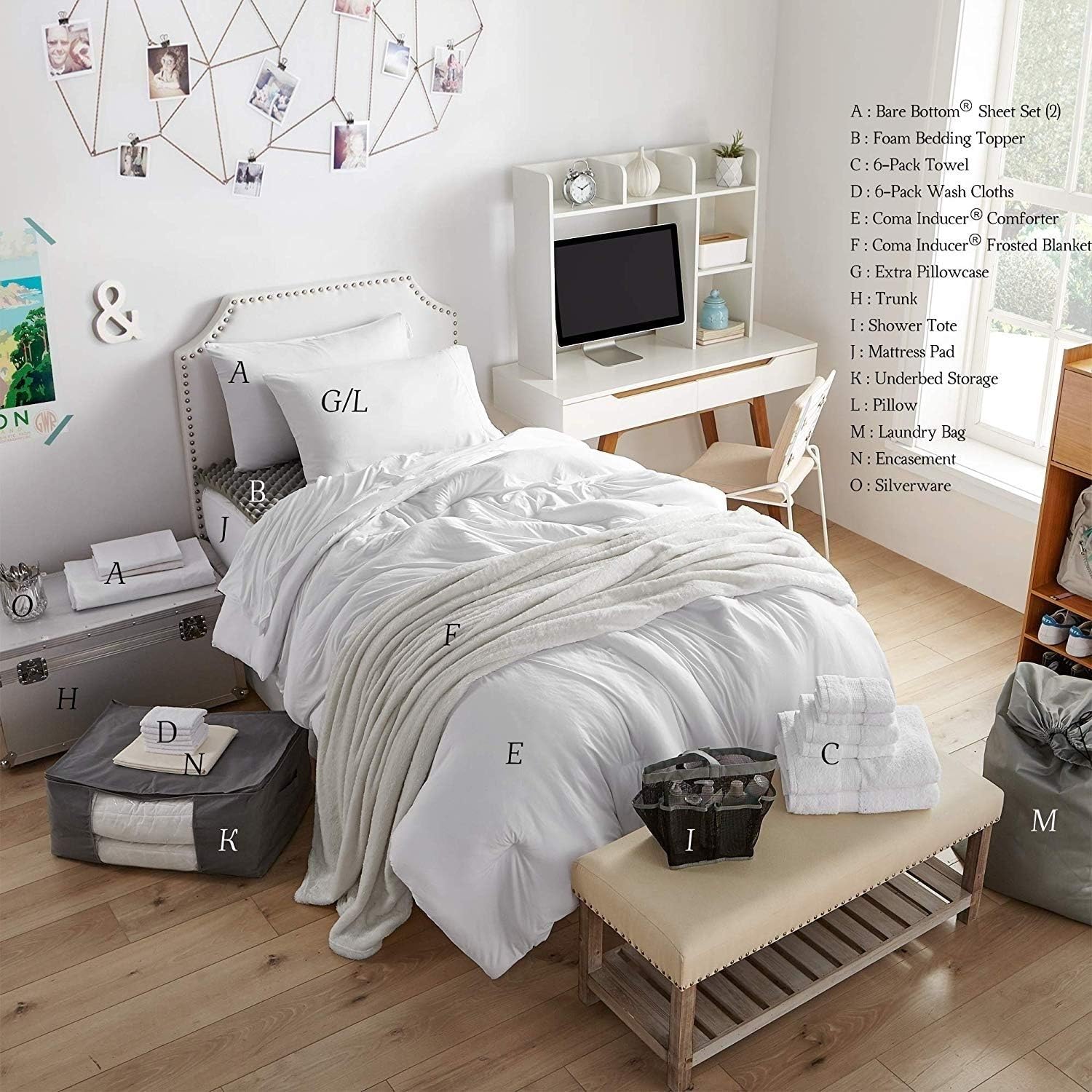Amazon Com Misc White Twin Xl Dorm Room And Bedding Set Solid Color Casual Microfiber 16 Piece Home Kitchen