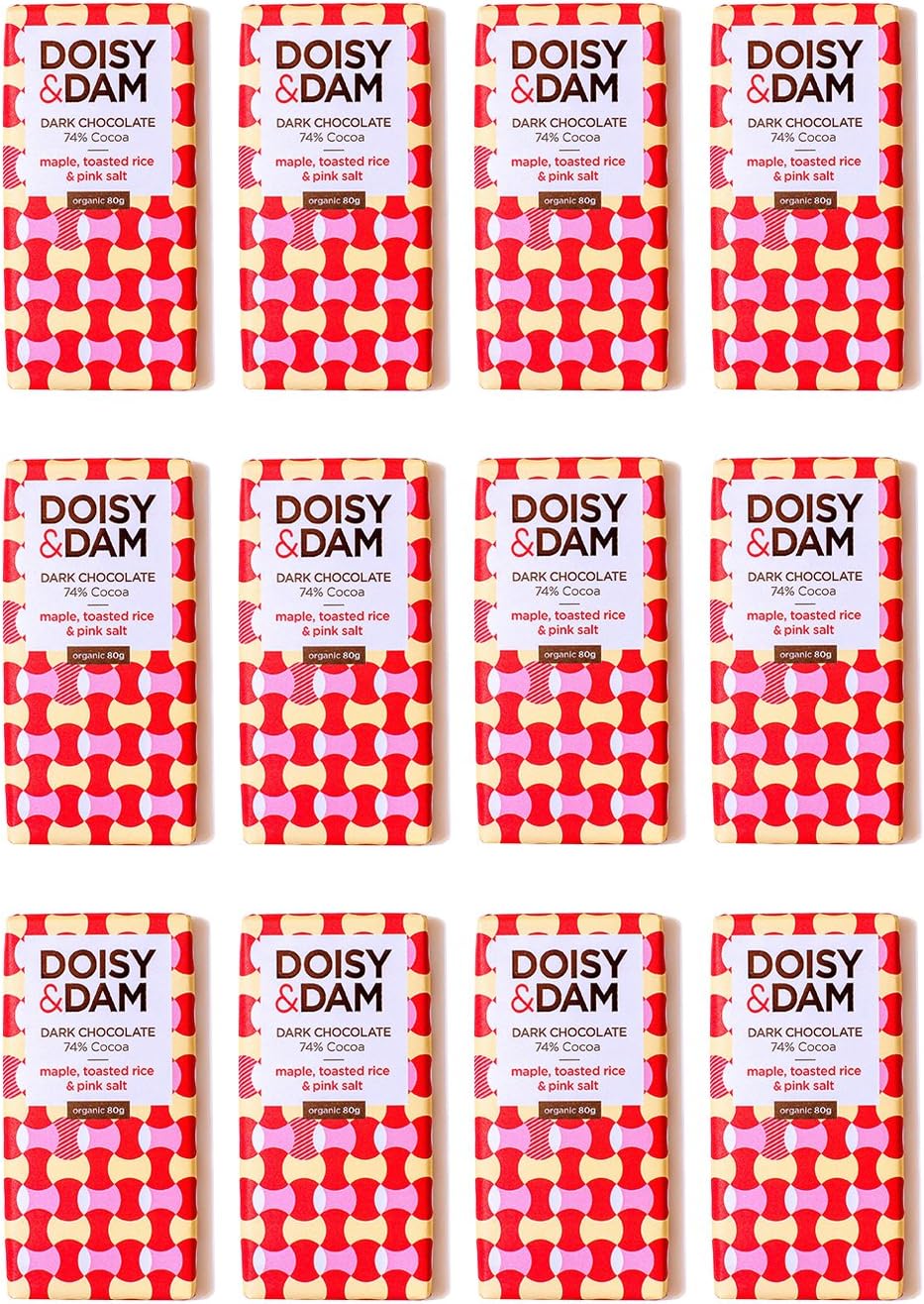 Doisy & Dam 74% Maple, Toasted Rice and Himalayan Pink Salt Dark Chocolate, 80 g, Box of 12