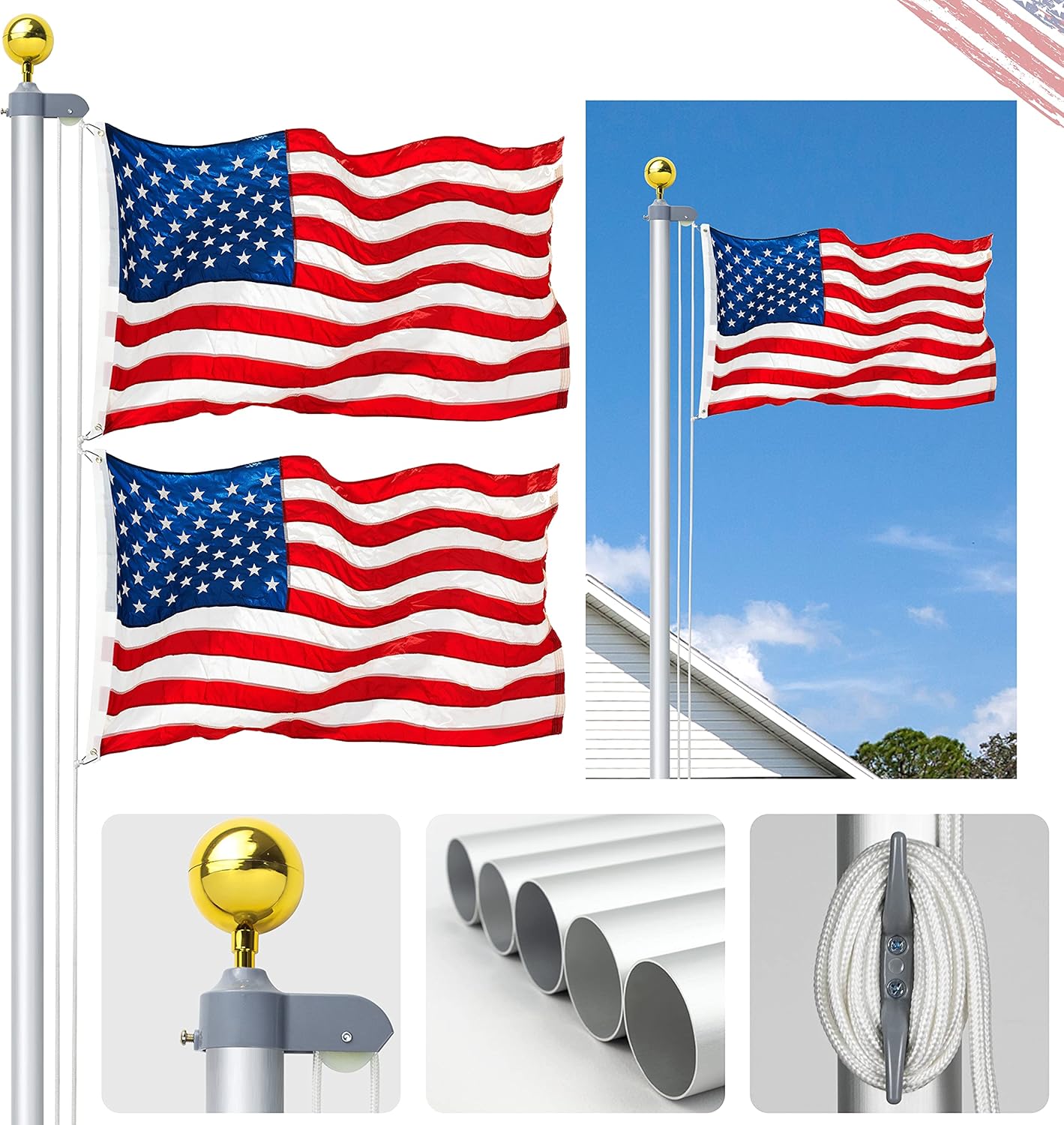 Flagpole Hardware - VAIIGO 25FT Sectional Flag Pole Kit, Heavy Duty Aluminum Flag Pole Fly 2 Flags, with Free 3 x 5 American Flag, Golden Top Ball and Clips Inground Flag Pole for Outdoor, Commercial, Residential Use