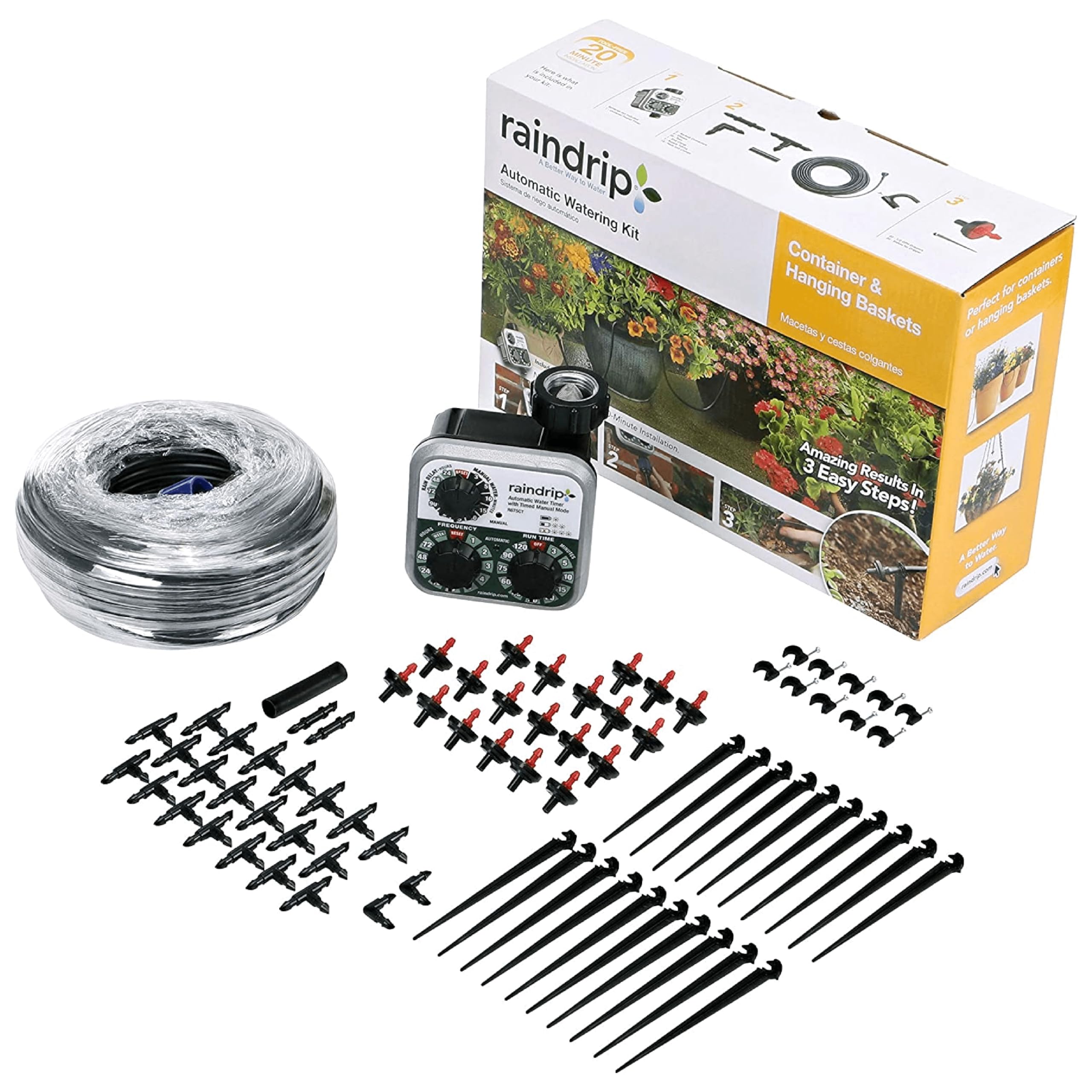 Photo 1 of Raindrip R560DP Automatic Drip Irrigation Watering Kit with Customizable Timer for Containers and Hanging Baskets, Waters up to 20 Plants, Includes 20 PC Drippers, Black
