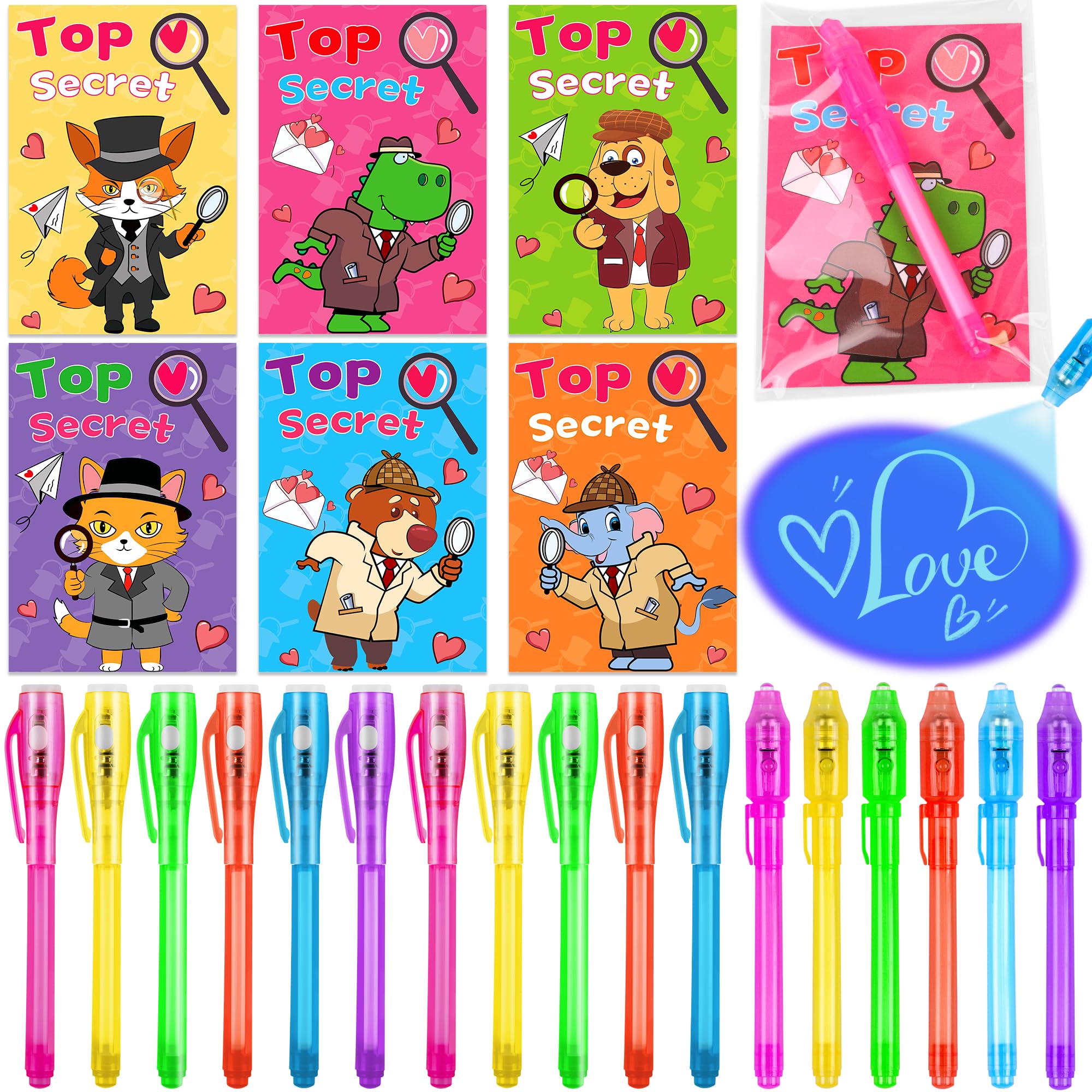 Photo 1 of 24 Pack Valentines Day Gifts for Kids Classroom LED Invisible Ink Pen with Valentines Cards for Kids School, Spy Pen Magic Gifts Valentines for Class Exchange Cards Prizes Party Favors for Boys Girls