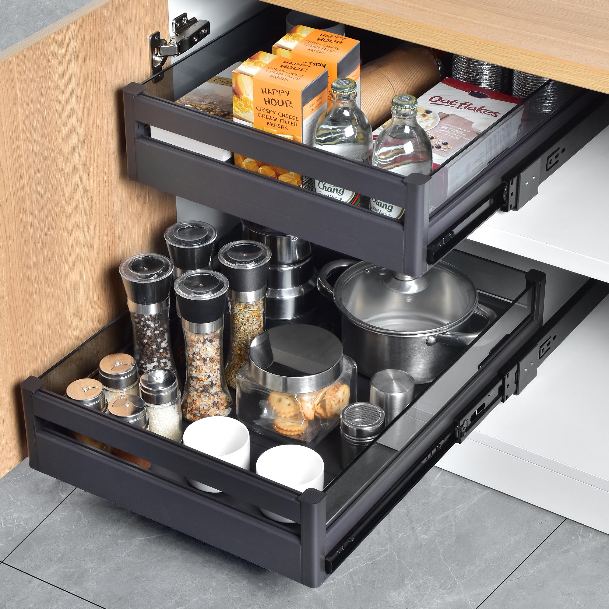 Photo 1 of YOHOM Pull-Out Drawer Organizer Extendable Single Tier Sliding Drawer Organizer for Kitchen Cabinets, Aluminum Pull Out Tray with Dividers, Fast DIY Installation 20"W x 21"D