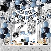 28th Birthday Decorations, Dusty Blue 28 Birthday Decorations for Men Women, Blue Sliver Black Birthday Party Decor with Happy Birthday Banner, Number Balloons, Foil Balloons, Swirl