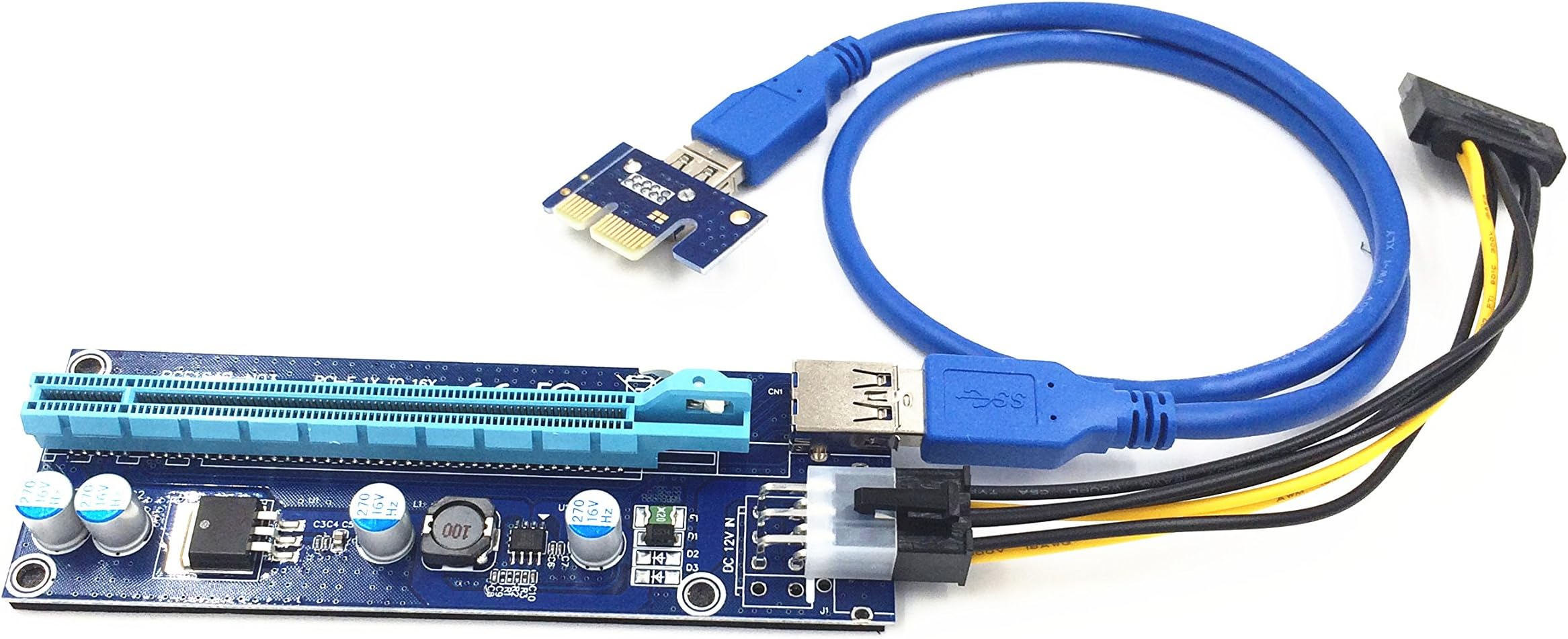 Bee easter VER 006C PCI-E Express 1XTO16X Extender Riser Adapter Card SATA 15pin Male to 6pin Power Cable &60cm USB 3.0 (Multi-Layer Shielded Wire)