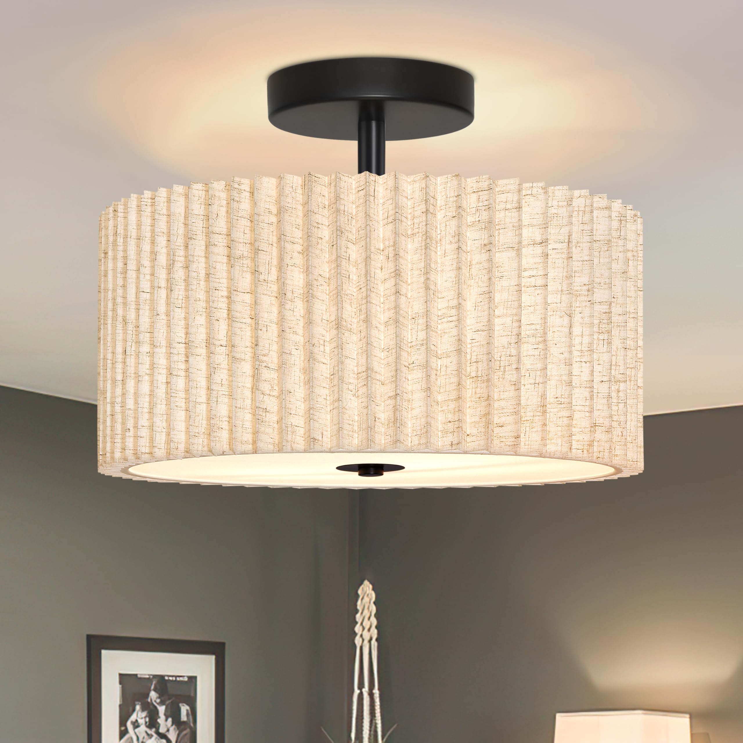 Photo 1 of 2 Light Semi Flush Mount Ceiling Light Fixture 12.6 Inch Modern Black Drum Ceiling Light Fixture with Pleated Fabric Shade Dimmable Close to Ceiling Light for Living Room Hallway Bedroom Entryway